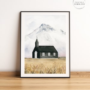 Église noire de Budir art mural imprimable, illustration aquarelle d'Islande, Búðakirkja, peinture d'église noire, péninsule de Snæfellsnes, Islande