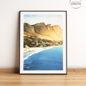 Cartel de viaje de Ciudad del Cabo, arte de pared imprimible de Sudáfrica, playa de la bahía de Camps, costa sudafricana, playa del mar Atlántico, ilustración de paisaje marino