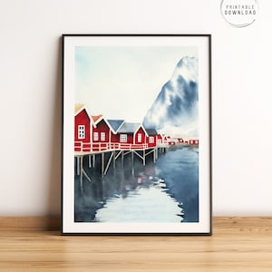 Lofoten Islands Watercolor Print: Reine Fishing Village, Norway (Digital Download)