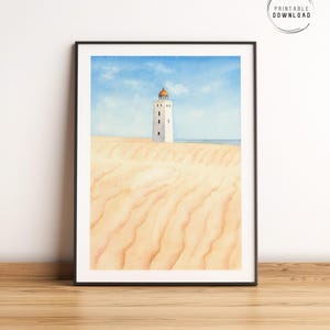 Phare de Rubjerg Knude, art mural imprimable, affiche du Danemark, dunes de sable, désert côtier, illustration de voyage danois, paysage nordique