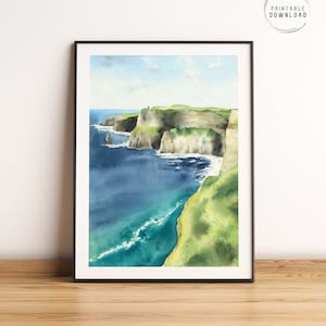 Acantilados de Moher, arte de pared imprimible de Irlanda, impresión de acuarela, costa irlandesa, cartel de viaje de Europa, pintura de paisaje marino, decoración de verano