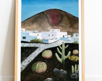 Lanzarote print, Canary islands painting, Spain wall art, Volcanic landacape watercolor, travel poster, office wall decor