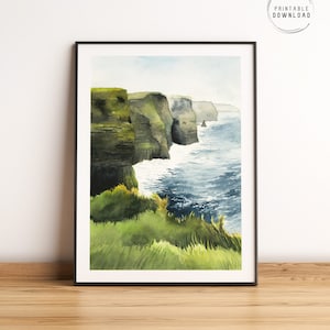 Arte imprimible de los acantilados de Moher, pintura de acuarela de Irlanda, costa irlandesa, cartel de viaje del condado de Clare, decoración de la pared del paisaje