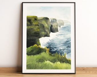 Cliffs of Moher printable art, Ireland watercolor painting, Irish coastline, County Clare travel poster, landscape wall decor
