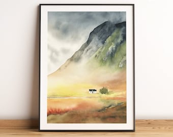 Scotland wall art, Glencoe valley printable download, Scottish higlands, Wee White Cottage, mountain travel art, Lagangarbh Hut
