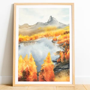 Stampa delle Dolomiti, poster del Lago Federa, murale di un lago italiano, acquerello, Cortina Dolomiti, dipinto autunnale, larici dorati