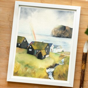 Faroe Islands painting, black houses with grass roofs, 8x10 original watercolor, Mikladalur village, mountain wall art, Denmark illustration image 5