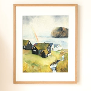 Faroe Islands painting, black houses with grass roofs, 8x10 original watercolor, Mikladalur village, mountain wall art, Denmark illustration image 2