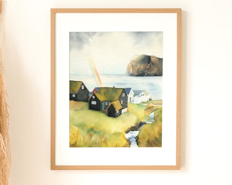 Faroe Islands painting, black houses with grass roofs, 8x10 original watercolor, Mikladalur village, mountain wall art, Denmark illustration image 2