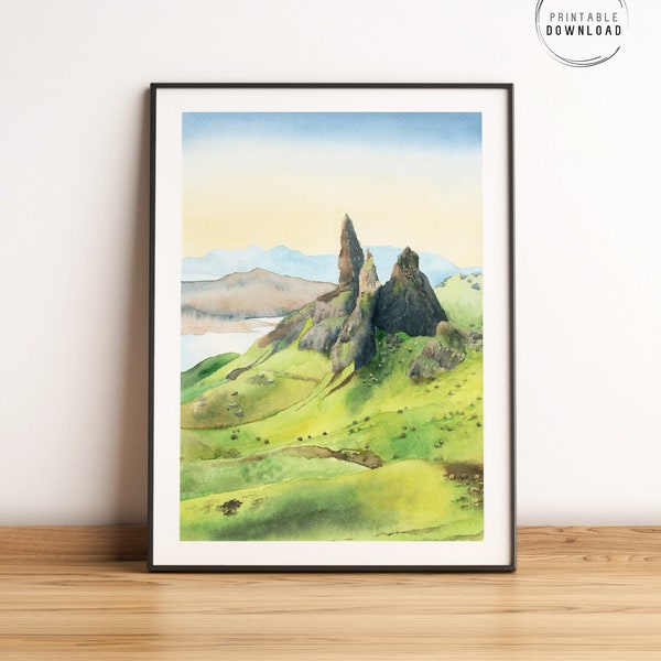 Scotland painting, Isle of Skye printable download, Old man of storr wall art, Scottish highlands travel art, watercolor mountain landscape