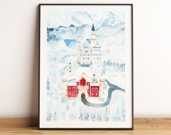 Neuschwanstein castle printable download, Germany watercolor, landscape wall art, fairytale castle in Bavaria, gift for travelers