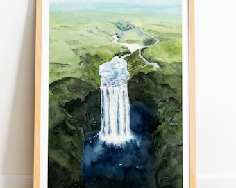 Iceland print, Skogafoss waterfall, Icelandic painting, nordic wall art, travel poster, office wall decor, hand-painted landscape