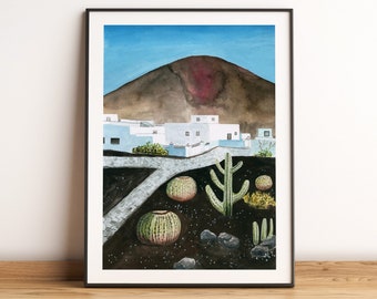 Lanzarote printable art, Canary islands digital print, Spain travel wall art, Cacti and volcanic mountains watercolor illustration