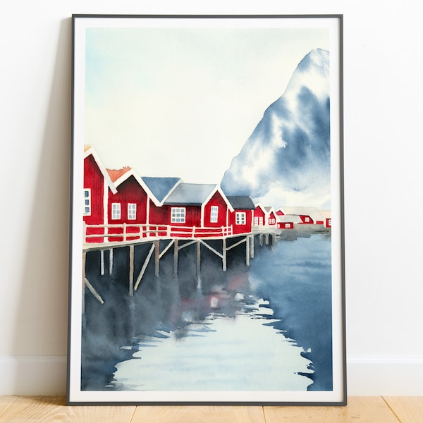 Norway painting, Lofoten islands wall art print, Nordic travel decor, Reine fishing village, Norway travel wall art, Scandinavian landscape