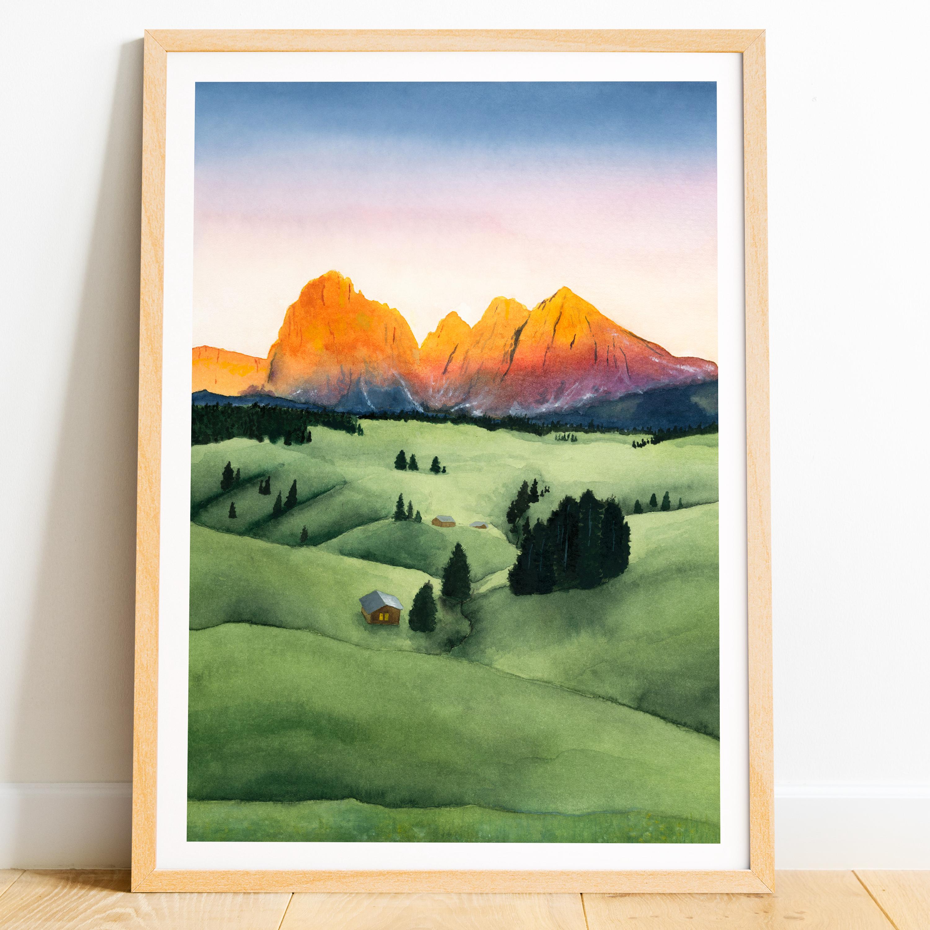 Italy print, Dolomites painting, Alpe di siusi wall art, alpenglow painting, Seiser Alm travel poster, Italian Dolomites mountains