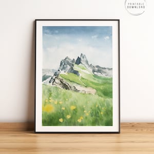 Dolomieten afdrukbare kunst, Italië digitale print, Seceda bergmuur kunst, Italië aquarel, Zuid-Tirol reisposter illustratie