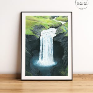 Iceland printable wall art, Skogafoss waterfall, Icelandic nature, Scandinavian print, Gouache painting, nordic landscape, travel poster
