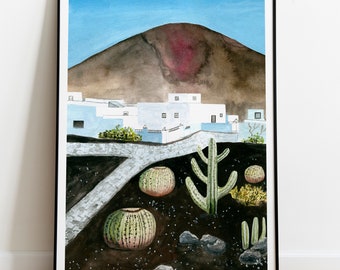 Lanzarote print, Canary islands painting, Spain wall art, Volcanic landacape watercolor, travel poster, office wall decor