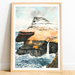 Stampa delle isole Faroe, poster di viaggio della Danimarca, paesaggio scandinavo, montagna delle isole Faroe, arte murale della Danimarca, scenario costiero