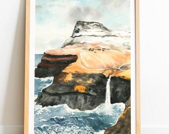 フェロー諸島の版画：ムラフォスル滝、デンマーク沿岸の水彩画 - Etsy 日本