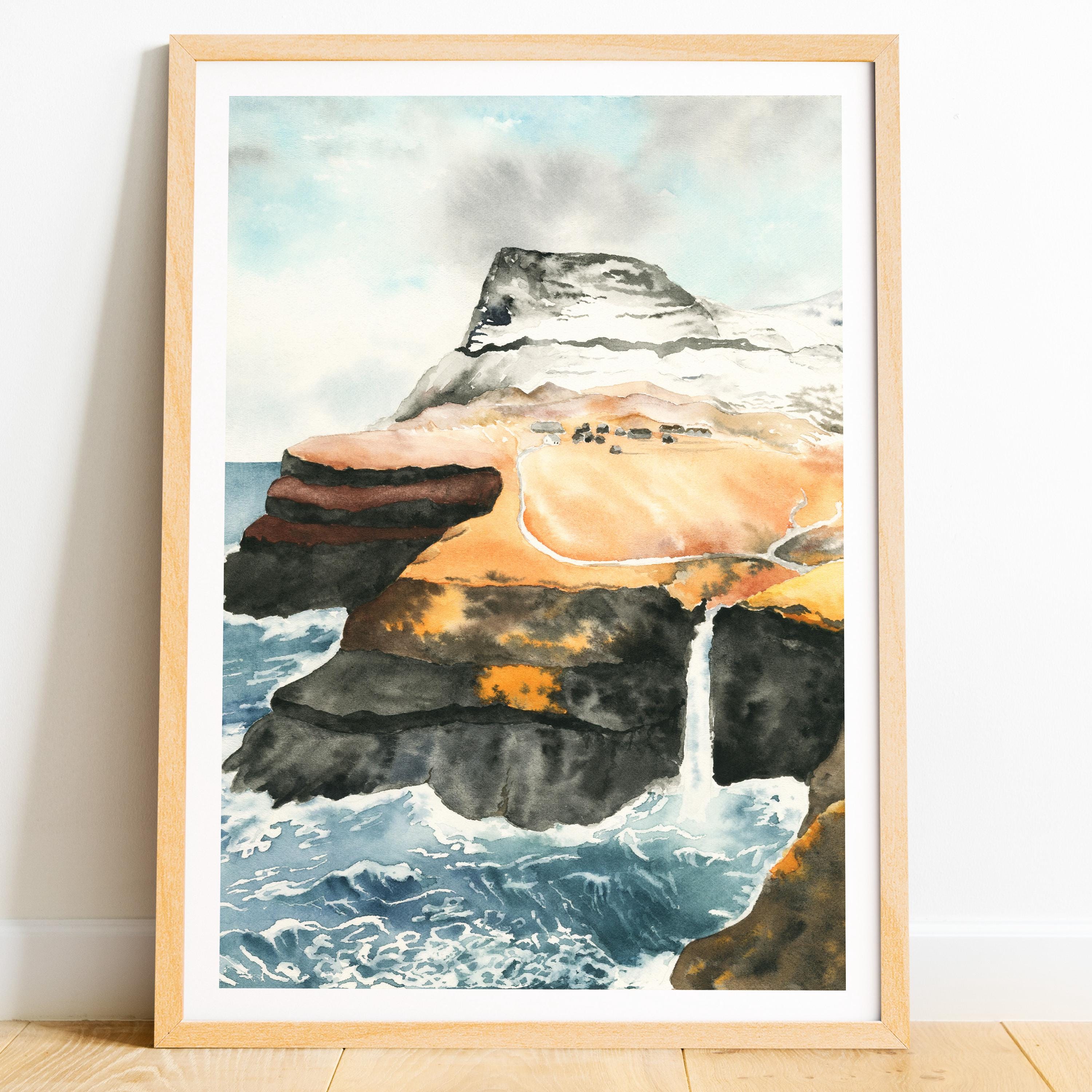 フェロー諸島の版画：ムラフォスル滝、デンマーク沿岸の水彩画 - Etsy 日本