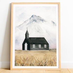 Island Poster, Schwarze Kirche von Budir, Isländische Natur, Búðakirkja, Snæfellsnes Halbinsel, Island Poster, Skandinavische Wandkunst