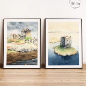 Arte de la pared de Escocia, conjunto de 2 castillos escoceses, castillo de Eilean Donan, castillo Stalker, descarga imprimible de las tierras altas escocesas, carteles de viaje
