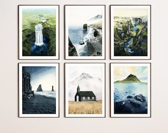 Set of 6 Iceland digital prints, Icelandic nature watercolor illustration bundle, scandinavian nordic travel posters, pack of 6 wall art