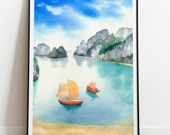 Ha Long Bay print, Vietnam travel illustration, vietnamese islands, watercolor mountains, tropical wall art, asian landscape print