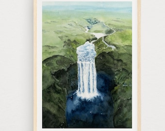 アイスランドの滝の水彩画プリント：スコゥガフォスの北欧風景（デジタルダウンロード）