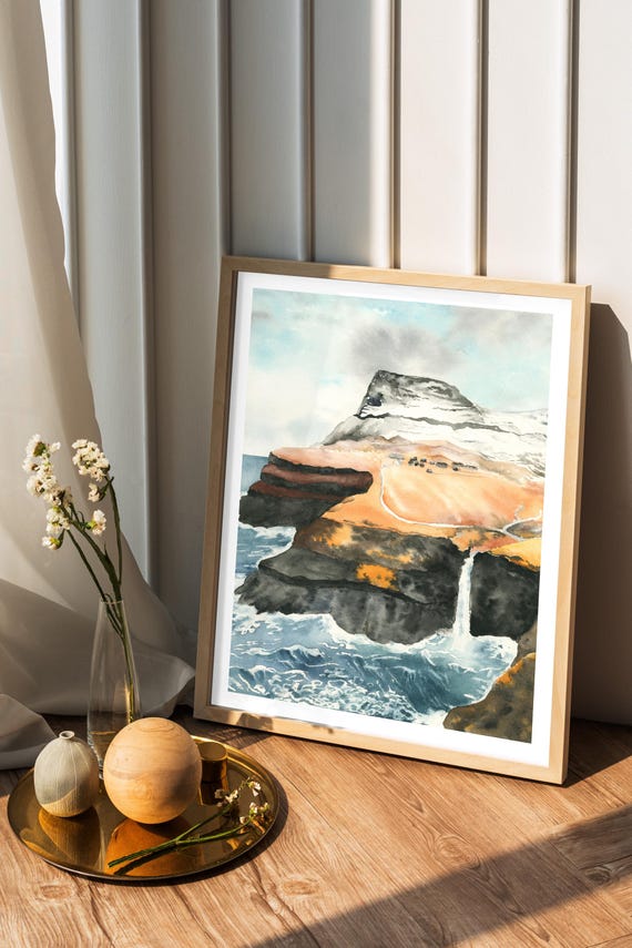 フェロー諸島の版画：ムラフォスル滝、デンマーク沿岸の水彩画 - Etsy 日本
