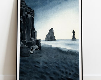 Iceland print, Reynisfjara black sand beach, Icelandic wall art, Watercolor wall art, Europe wall art, travel poster, office wall decor