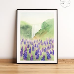Iceland Lupine Field: purple flowers and Skogafoss Waterfall - Watercolor Print,  (Digital Download)