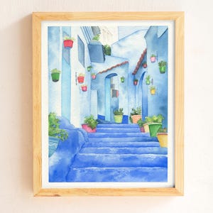 Dipinto marocchino, Chefchaouen, dipinto ad acquerello originale, città blu, arte murale marocchina, strada marocchina, regalo da viaggio