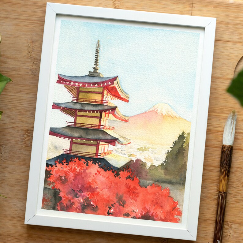 Japan Watercolor Painting Japanese Temple in Kyoto Mount - Etsy