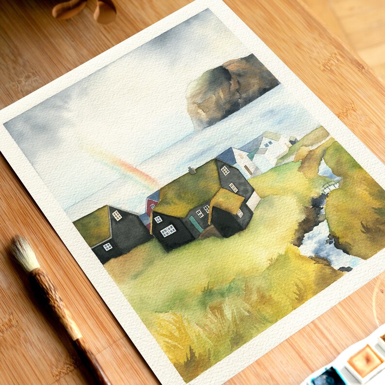 Faroe Islands painting, black houses with grass roofs, 8x10 original watercolor, Mikladalur village, mountain wall art, Denmark illustration image 8