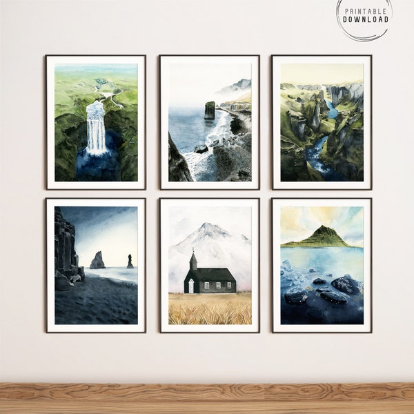 Ensemble de 6 impressions numériques islandaises, ensemble d’illustrations à l’aquarelle de la nature islandaise, affiches de voyage nordiques scandinaves, pack de 6 art mural