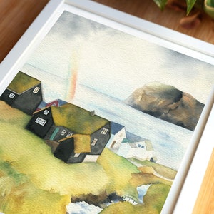 Faroe Islands painting, black houses with grass roofs, 8x10 original watercolor, Mikladalur village, mountain wall art, Denmark illustration image 6
