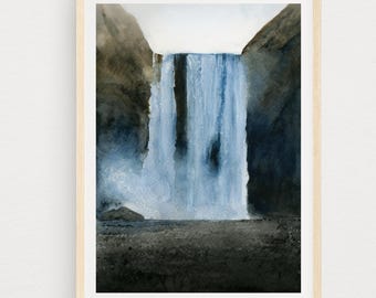 スコゥガフォスの滝のプリント可能な壁掛けアート：アイスランドの風景水彩画（デジタルダウンロード）