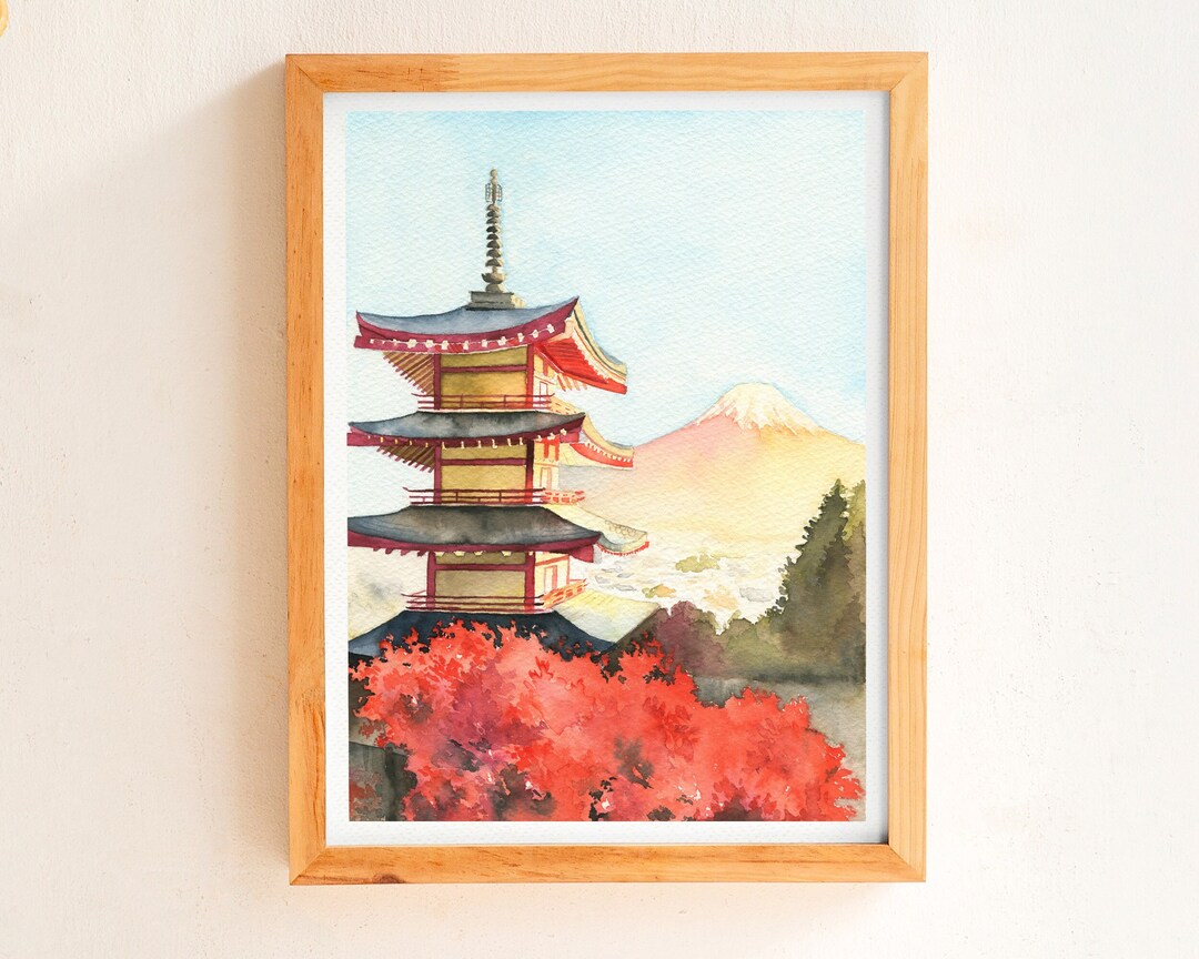 Japan Watercolor Painting, Japanese Temple in Kyoto, Mount Fuji ...