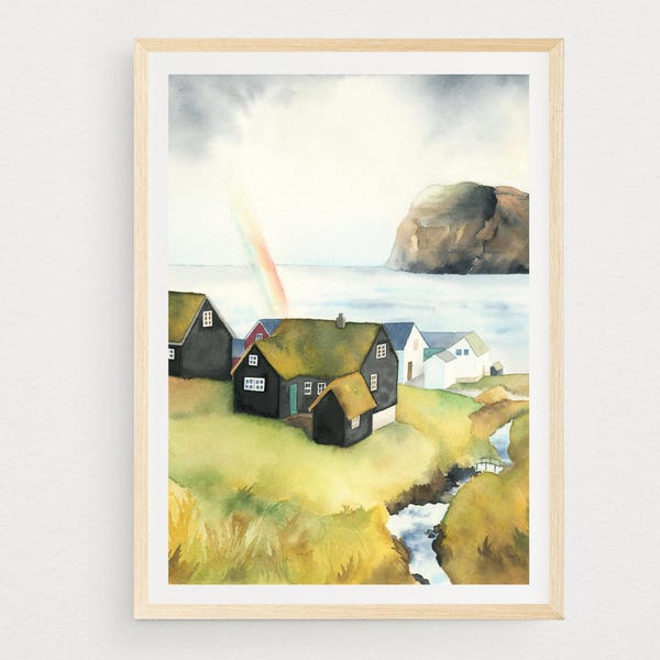Faroe Islands Watercolor Print: Mikladalur Village Art (Digital Download)