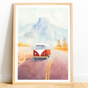 Yosemite Poster, Nationalpark Kalifornien, Camper van Druck, Abenteuer Roadtrip, Gletscherpunkt, Bergwandkunst, Reisegeschenk