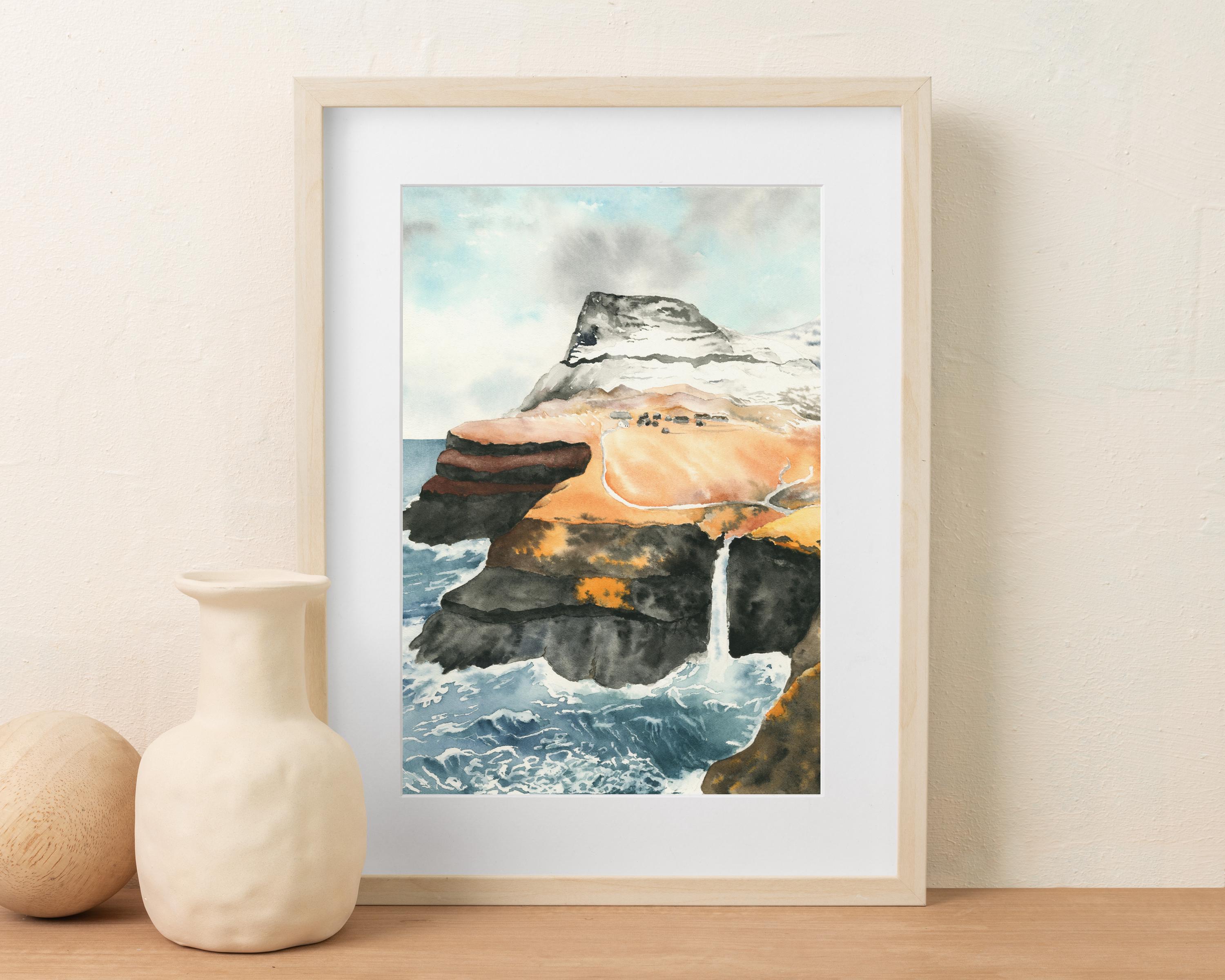 フェロー諸島の版画：ムラフォスル滝、デンマーク沿岸の水彩画 - Etsy 日本