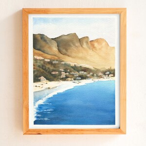 Pittura di Città del Capo, acquerello del Sud Africa, originale 8 x 10, spiaggia di Camps Bay, costa sudafricana, spiaggia del Mar Atlantico, illustrazione di paesaggio marino