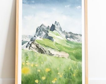Dolomites print, Seceda mountain, South Tyrol travel poster, Italian wall art, Italy mountains illustration
