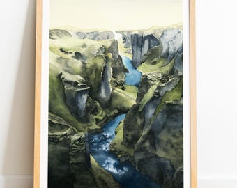 Iceland painting print, Fjadrargljufur canyon, Icelandic gorge landscape, nordic wall art, moss cliffs, watercolor travel poster