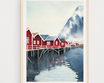 Lofoten Islands Watercolor Print: Reine Fishing Village, Norway (Digital Download)