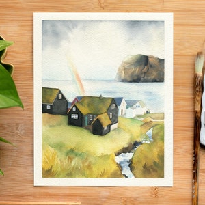 Faroe Islands painting, black houses with grass roofs, 8x10 original watercolor, Mikladalur village, mountain wall art, Denmark illustration image 9