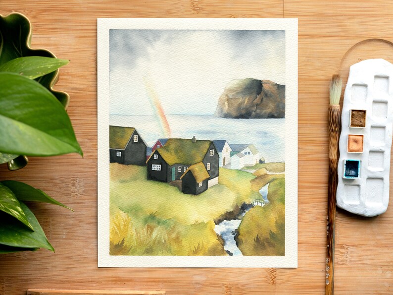 Faroe Islands painting, black houses with grass roofs, 8x10 original watercolor, Mikladalur village, mountain wall art, Denmark illustration image 9