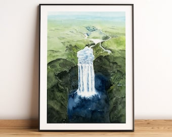 Iceland wall art, Skogafoss waterfall, Printable travel poster, Scandinavian print, Icelandic watercolor, nordic landscape wall decor